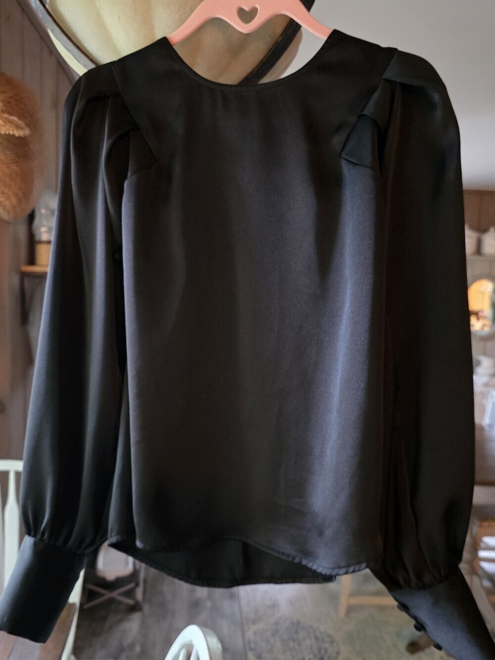 Express Black Satin Puff-Shoulder Blouse
